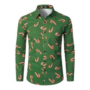 Festive Green Candy Cane Casual Button Down Shirt